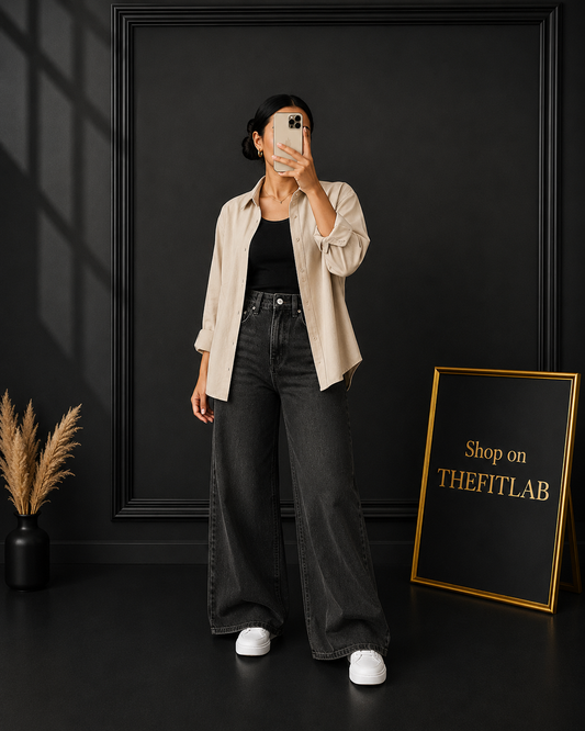(TRIO PACK) BEIGE BUTTON DOWN SHIRT WITH BLACK INNER AND CHARCOL GREY WIDE LEG JEANS