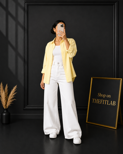 (TRIO PACK) BUTTER YELLOW BUTTON DOWN SHIRT WITH WHITE INNER AND WHITE WIDE LEG JEANS