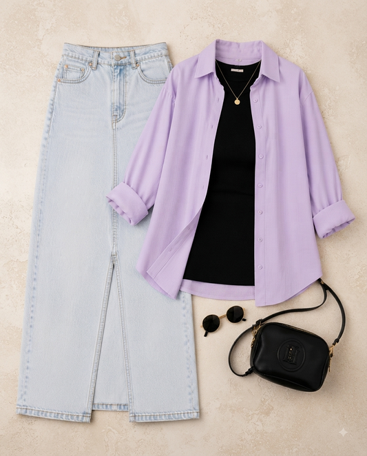 SUMMER TRIO PACK ( LILAC BUTTON DOWN SHIRT WITH BLACK INNER AND ICE BLUE DENIM SKIRT)