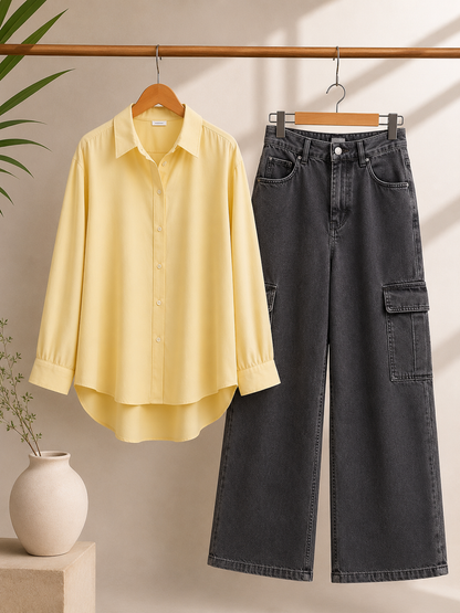 DUO PACK ( BUTTER YELLOW BUTTON DOWN SHIRT WITH CHARCOAL GREY WIDE LEG CARGO DENIM )