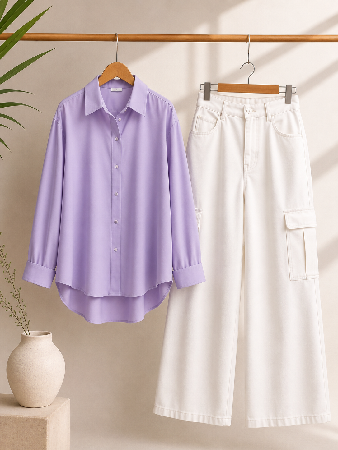 DUO PACK ( LILAC BUTTON DOWN SHIRT WITH WHITE WIDE LEG CARGO DENIM )