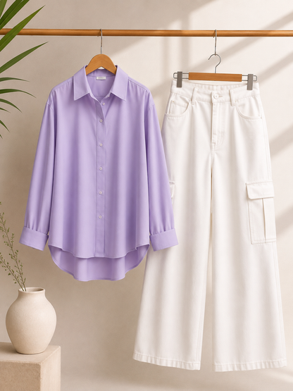 DUO PACK ( LILAC BUTTON DOWN SHIRT WITH WHITE WIDE LEG CARGO DENIM )