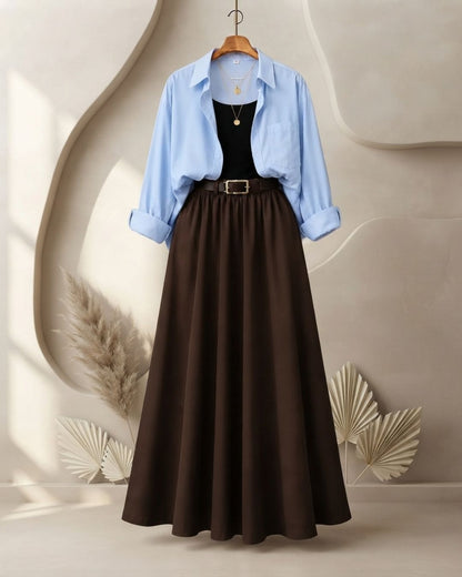 SUMMER TRIO PACK ( SKY BLUE BUTTON DOWN SHIRT WITH BLACK INNER AND DARK BROWN MAXI SKIRT)