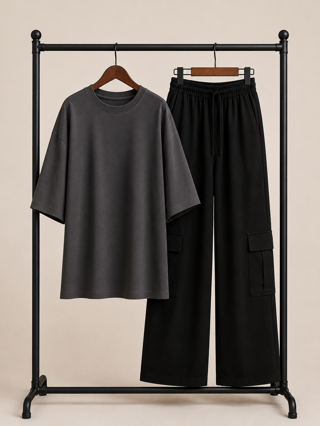 DUO PACK ( DARK GREY BAGGY TEE  WITH BLACK CARGO WIDE LEG JEANS )