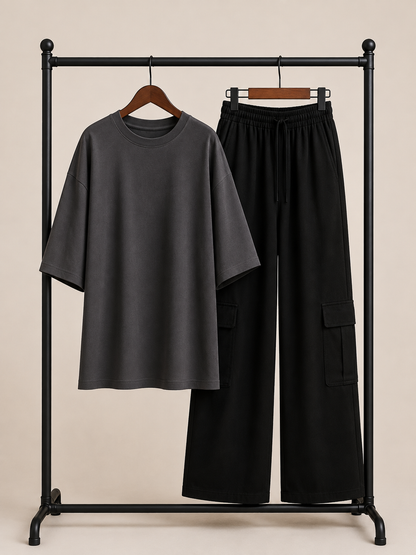 DUO PACK ( DARK GREY BAGGY TEE  WITH BLACK CARGO WIDE LEG JEANS )
