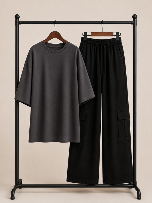 DUO PACK ( DARK GREY BAGGY TEE  WITH BLACK CARGO WIDE LEG JEANS )