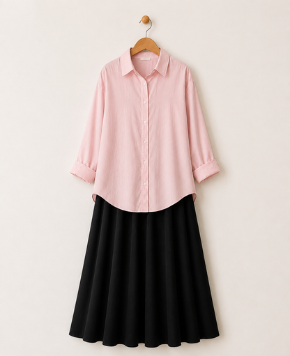 PACK OF 2 ( BABY PINK BUTTON DOWN SHIRT WITH BLACK MAXI SKIRT )
