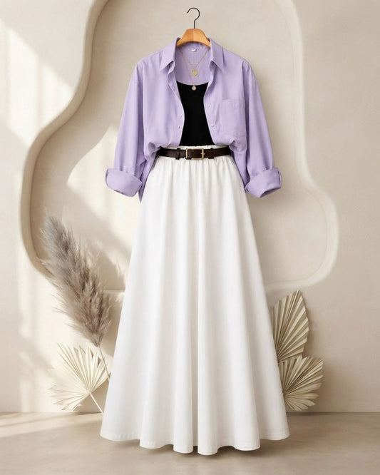 SUMMER TRIO PACK ( LILAC BUTTON DOWN SHIRT WITH BLACK INNER AND WHITE MAXI SKIRT)