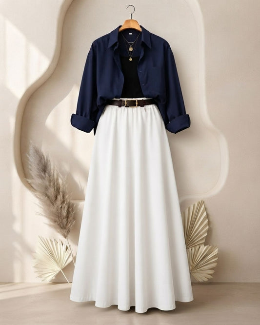 SUMMER TRIO PACK ( NAVY BLUE BUTTON DOWN SHIRT WITH BLACK INNER AND WHITE MAXI SKIRT)