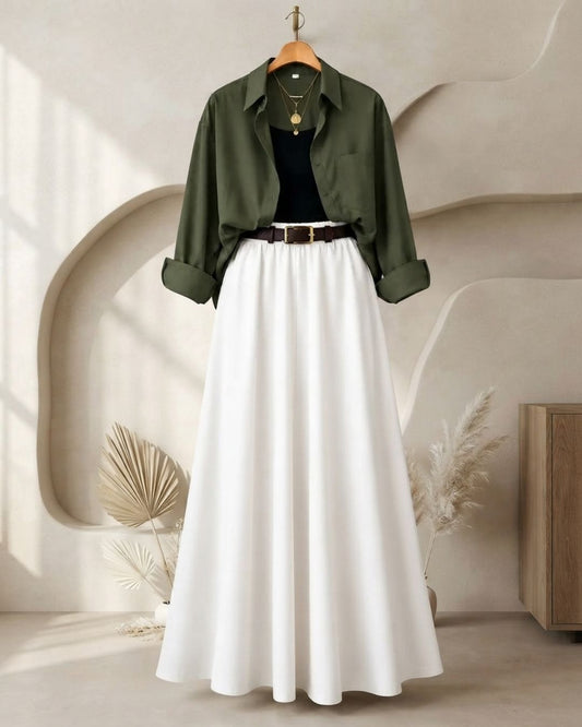 SUMMER TRIO PACK ( OLIVE GREEN BUTTON DOWN SHIRT WITH BLACK INNER AND WHITE MAXI SKIRT )