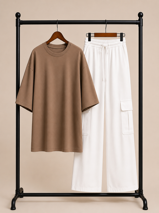 DUO PACK ( COFFEE BROWN BAGGY TEE WITH WHITE CARGO WIDE LEG JEANS )