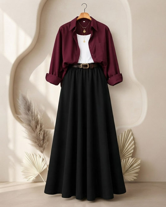 SUMMER TRIO PACK ( MAROON BUTTON DOWN SHIRT WITH WHITE INNER AND BLACK MAXI SKIRT)