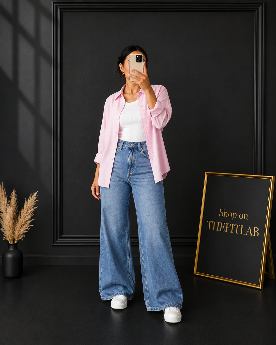 (TRIO PACK) BABY PINK BUTTON DOWN SHIRT WITH WHITE INNER AND MID BLUE FADED WIDE LEG JEANS