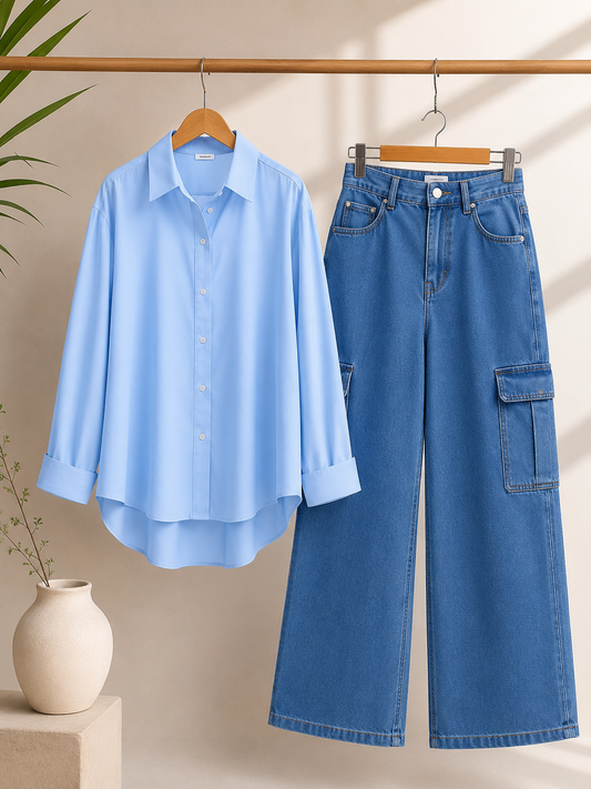 DUO PACK ( SKY BLUE BUTTON DOWN SHIRT WITH MID BLUE WIDE LEG CARGO DENIM )