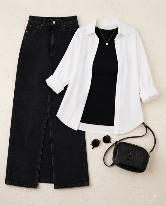 SUMMER TRIO PACK ( WHITE BUTTON DOWN SHIRT WITH BLACK INNER AND BLACK DENIM SKIRT )