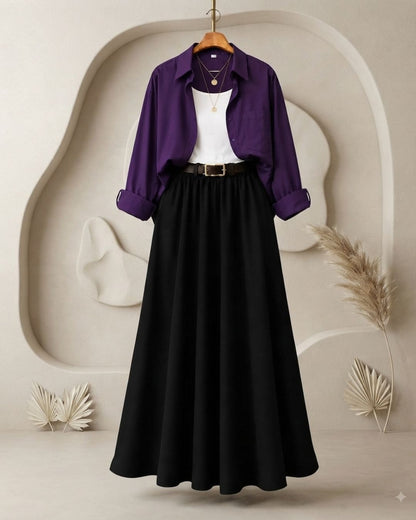 SUMMER TRIO PACK ( DARK PURPLE BUTTON DOWN SHIRT WITH WHITE INNER AND BLACK MAXI SKIRT )