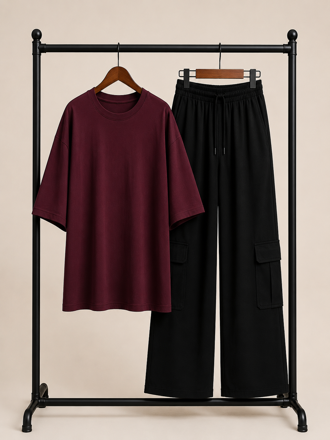 DUO PACK ( MAROON BAGGY TEE WITH BLACK CARGO WIDE LEG JEANS )