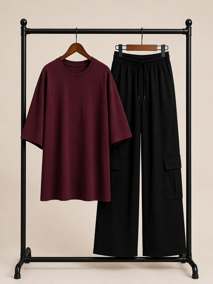 DUO PACK ( MAROON BAGGY TEE WITH BLACK CARGO WIDE LEG JEANS )