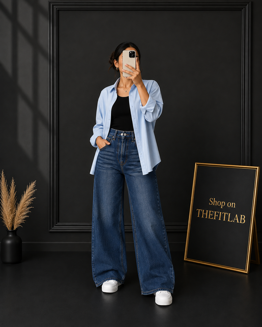 (TRIO PACK) SKY BLUE BUTTON DOWN SHIRT WITH BLACK INNER AND DARK BLUE FADED WIDE LEG JEANS