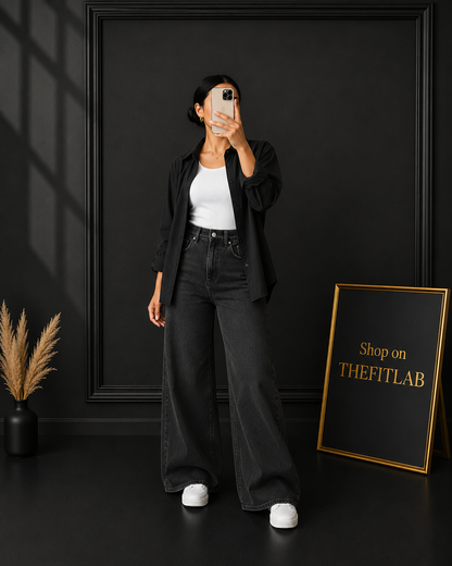 (TRIO PACK) BLACK BUTTON DOWN SHIRT WITH WHITE INNER AND MASLAYSIAN BLACK WIDE LEG JEANS