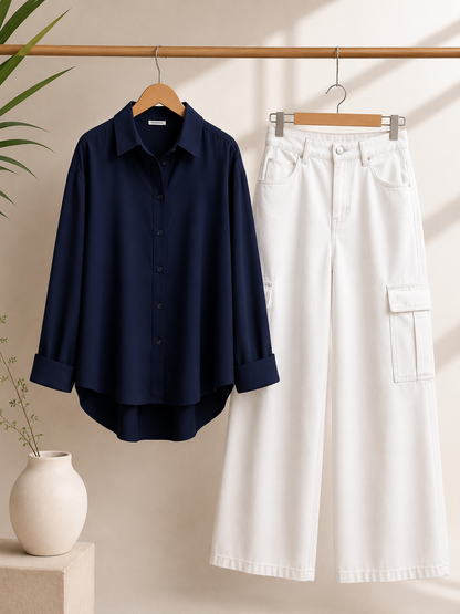 DUO PACK ( NAVY BLUE BUTTON DOWN SHIRT WITH WHITE WIDE LEG CARGO DENIM )