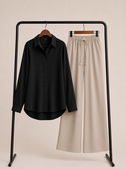 DUO PACK (BLACK BUTTON DOWN SHIRT WITH BEIGE FLAPPER TROUSER)