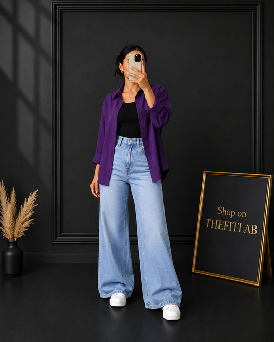 (TRIO PACK) DARK PURPLE BUTTON DOWN SHIRT WITH BLACK INNER AND ICE BLUE FADED WIDE LEG JEANS