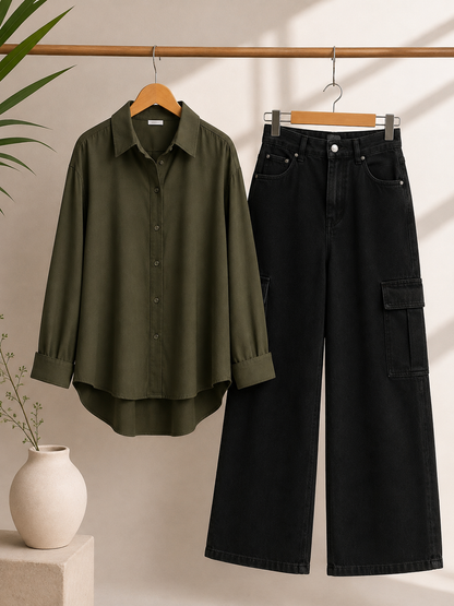 DUO PACK ( OLIVE GREEN BUTTON DOWN SHIRT WITH BLACK WIDE LEG CARGO DENIM )