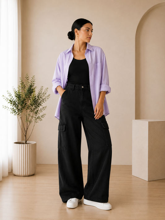 SUMMER TRIO PACK ( LILAC BUTTON DOWN SHIRT WITH BLACK INNER AND JET BLACK CARGO DENIM.)
