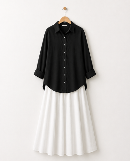PACK OF 2( BLACK BUTTON DOWN SHIRT WITH WHITE MAXI SKIRT )