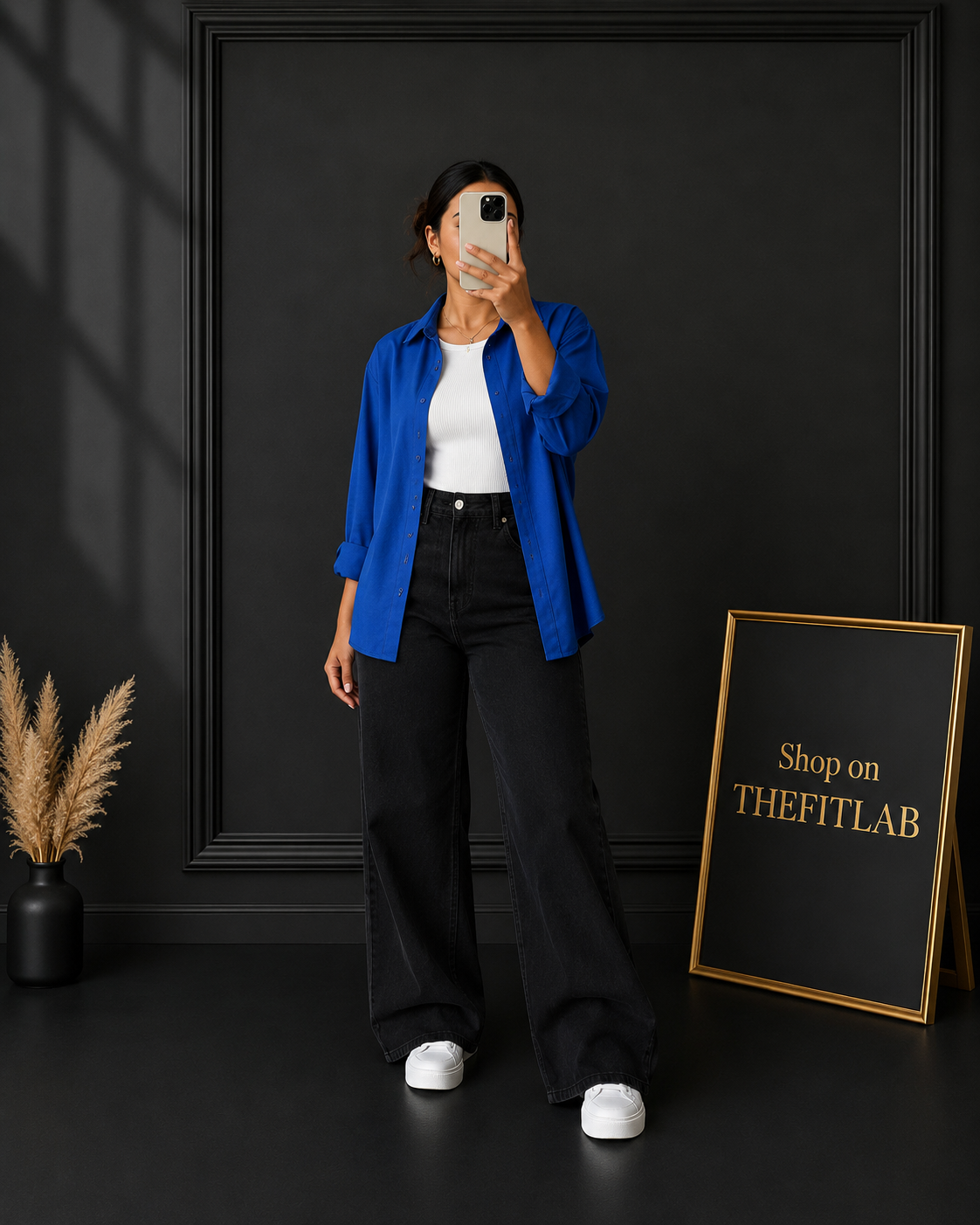 (TRIO PACK) ROYAL BLUE BUTTON DOWN SHIRT WITH WHITE INNER AND JET BLACK WIDE LEG JEANS
