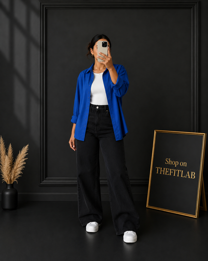 (TRIO PACK) ROYAL BLUE BUTTON DOWN SHIRT WITH WHITE INNER AND JET BLACK WIDE LEG JEANS