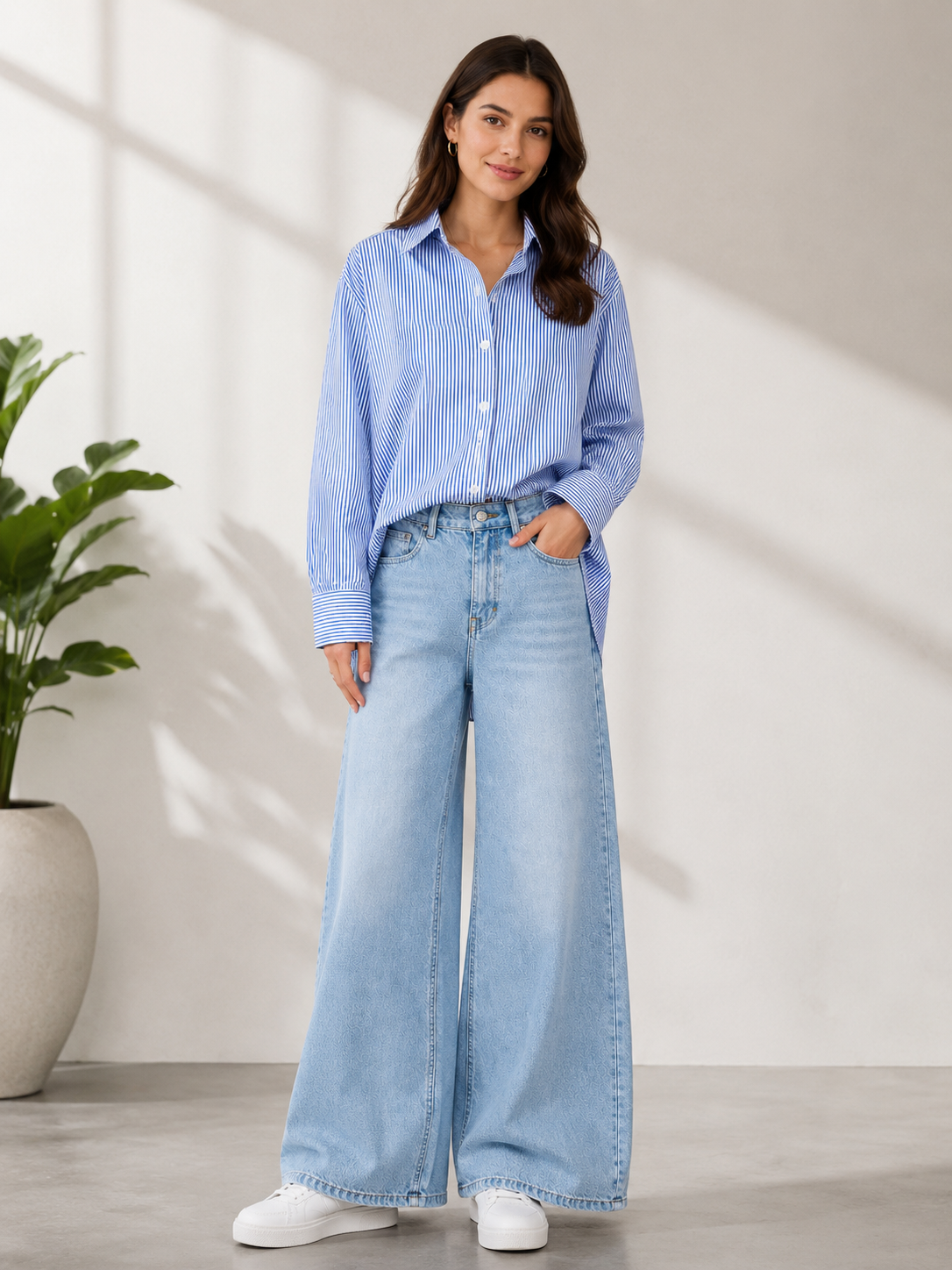 DUO PACK ( WHITE AND BLUE STRIPES BUTTON DOWN SHIRT WITH SKY BLUE FADED WIDE LEG JEANS )