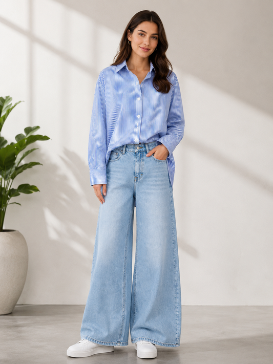 DUO PACK ( WHITE AND BLUE STRIPES BUTTON DOWN SHIRT WITH SKY BLUE FADED WIDE LEG JEANS )