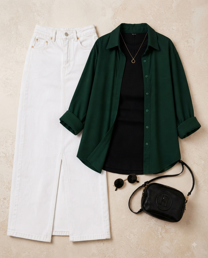 SUMMER TRIO PACK ( BOTTLE GREEN BUTTON DOWN SHIRT WITH BLACK INNER AND WHITE DENIM SKIRT)