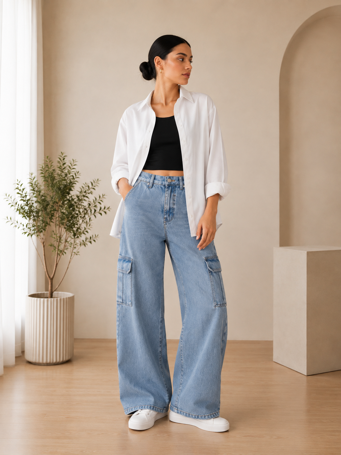 SUMMER TRIO PACK ( WHITE BUTTON DOWN SHIRT WITH BLACK INNER AND MID BLUE CARGO DENIM)