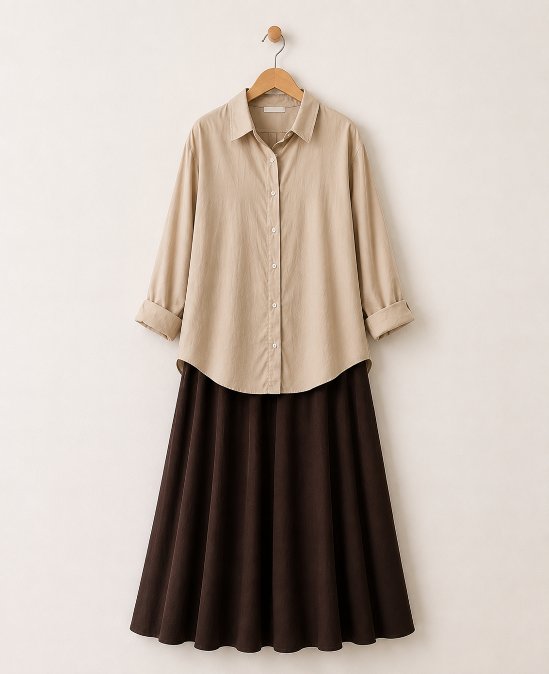 PACK OF 2  ( BEIGE BUTTON DOWN SHIRT WITH DARK BROWN MAXI SKIRT )