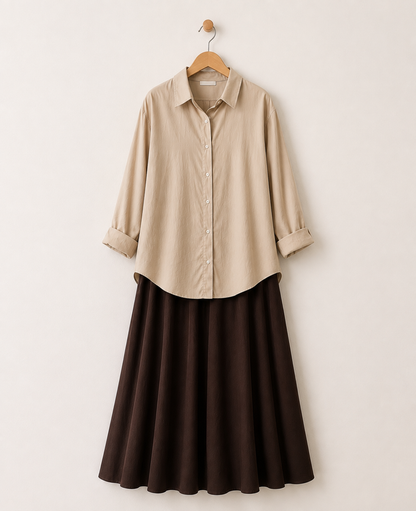 PACK OF 2  ( BEIGE BUTTON DOWN SHIRT WITH DARK BROWN MAXI SKIRT )