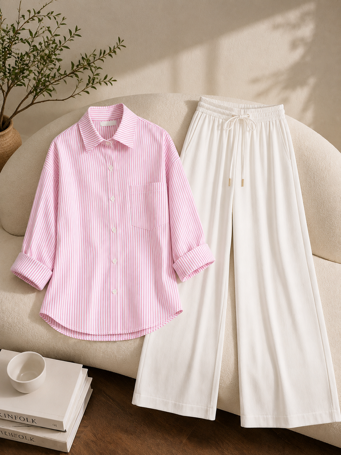 PACK OF 2  ( WHITE AND PINK STRIPES BUTTON DOWN SHIRT WITH WHITE FLAPPER TROUSER )