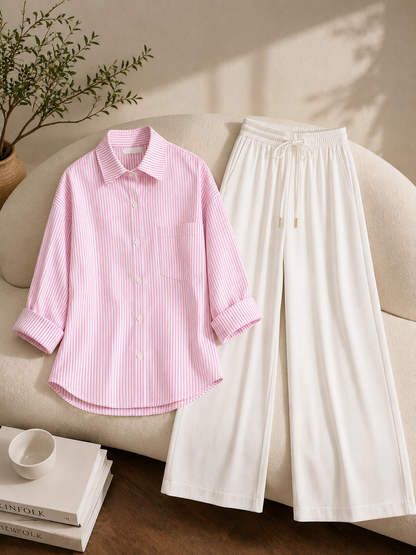 PACK OF 2  ( WHITE AND PINK STRIPES BUTTON DOWN SHIRT WITH WHITE FLAPPER TROUSER )