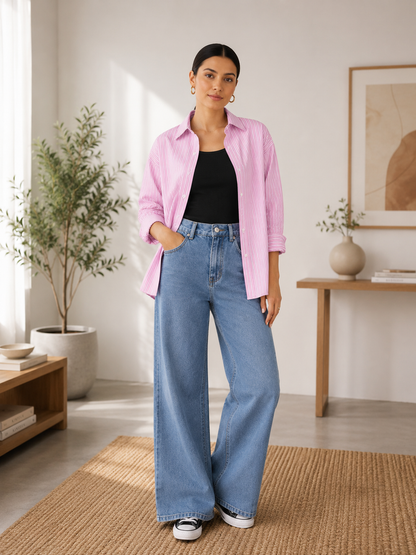TRIO PACK (WHITE AND PINK STRIPES BUTTON DOWN SHIRT WITH BLACK INNER AND MID BLUE WIDE LEG JEANS)