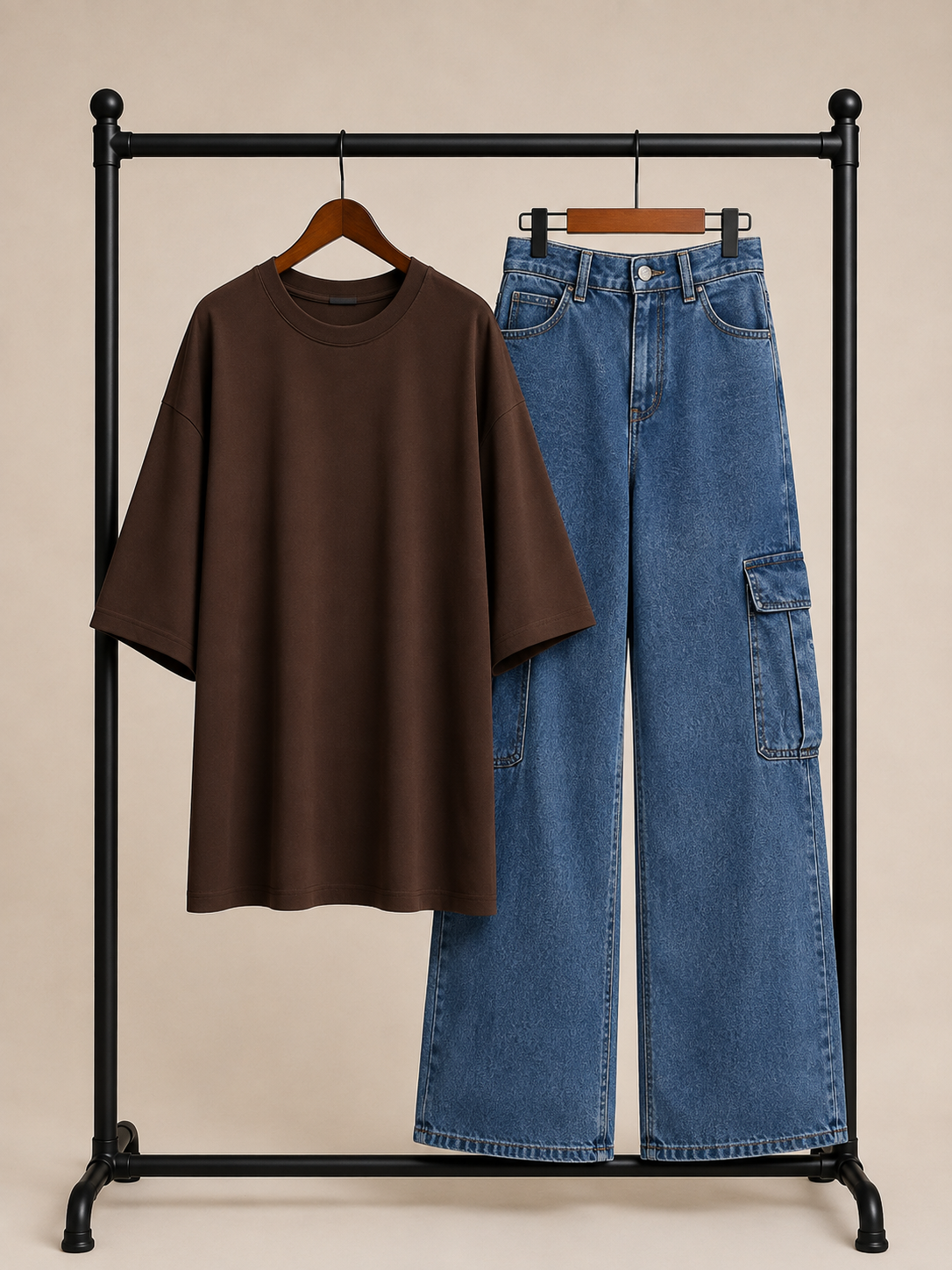DUO PACK ( DARK BROWN BAGGY TEE WITH MID BLUE CARGO WIDE LEG JEANS )
