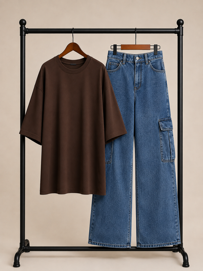 DUO PACK ( DARK BROWN BAGGY TEE WITH MID BLUE CARGO WIDE LEG JEANS )