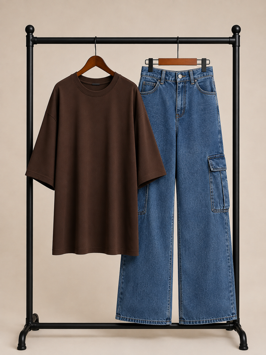 DUO PACK ( DARK BROWN BAGGY TEE WITH MID BLUE CARGO WIDE LEG JEANS )
