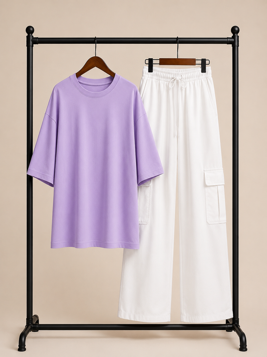 DUO PACK ( LILAC BAGGY TEE  WITH WHITE CARGO WIDE LEG JEANS )