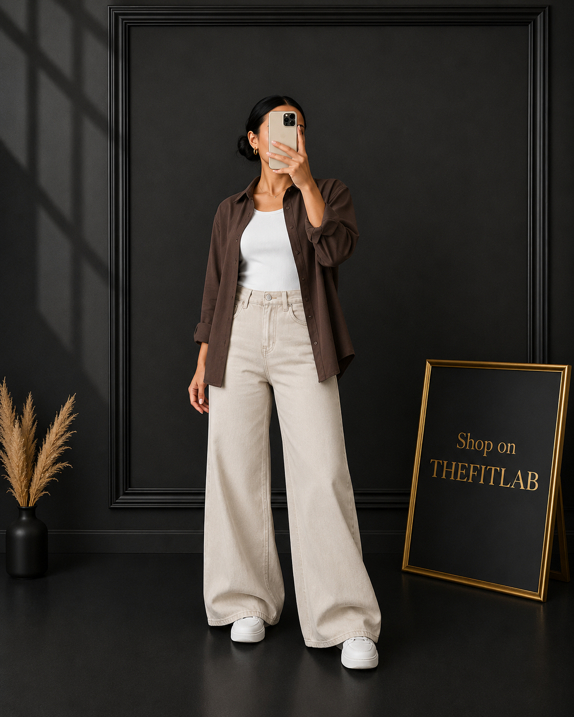 (TRIO PACK) DARK BROWN BUTTON DOWN SHIRT WITH WHITE INNER AND BEIGE WIDE LEG JEANS