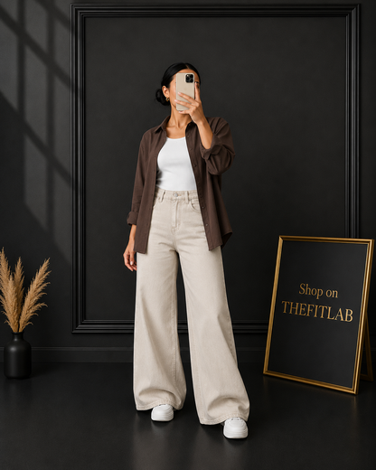 (TRIO PACK) DARK BROWN BUTTON DOWN SHIRT WITH WHITE INNER AND BEIGE WIDE LEG JEANS