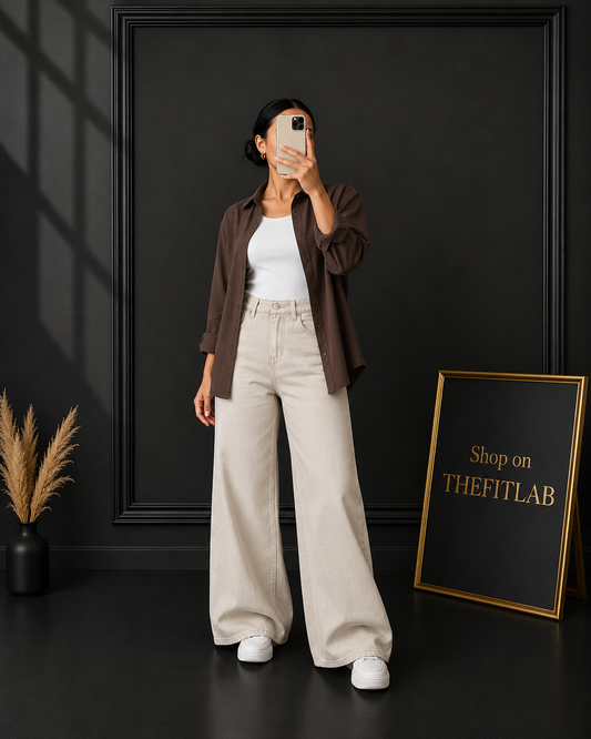 (TRIO PACK) DARK BROWN BUTTON DOWN SHIRT WITH WHITE INNER AND BEIGE WIDE LEG JEANS