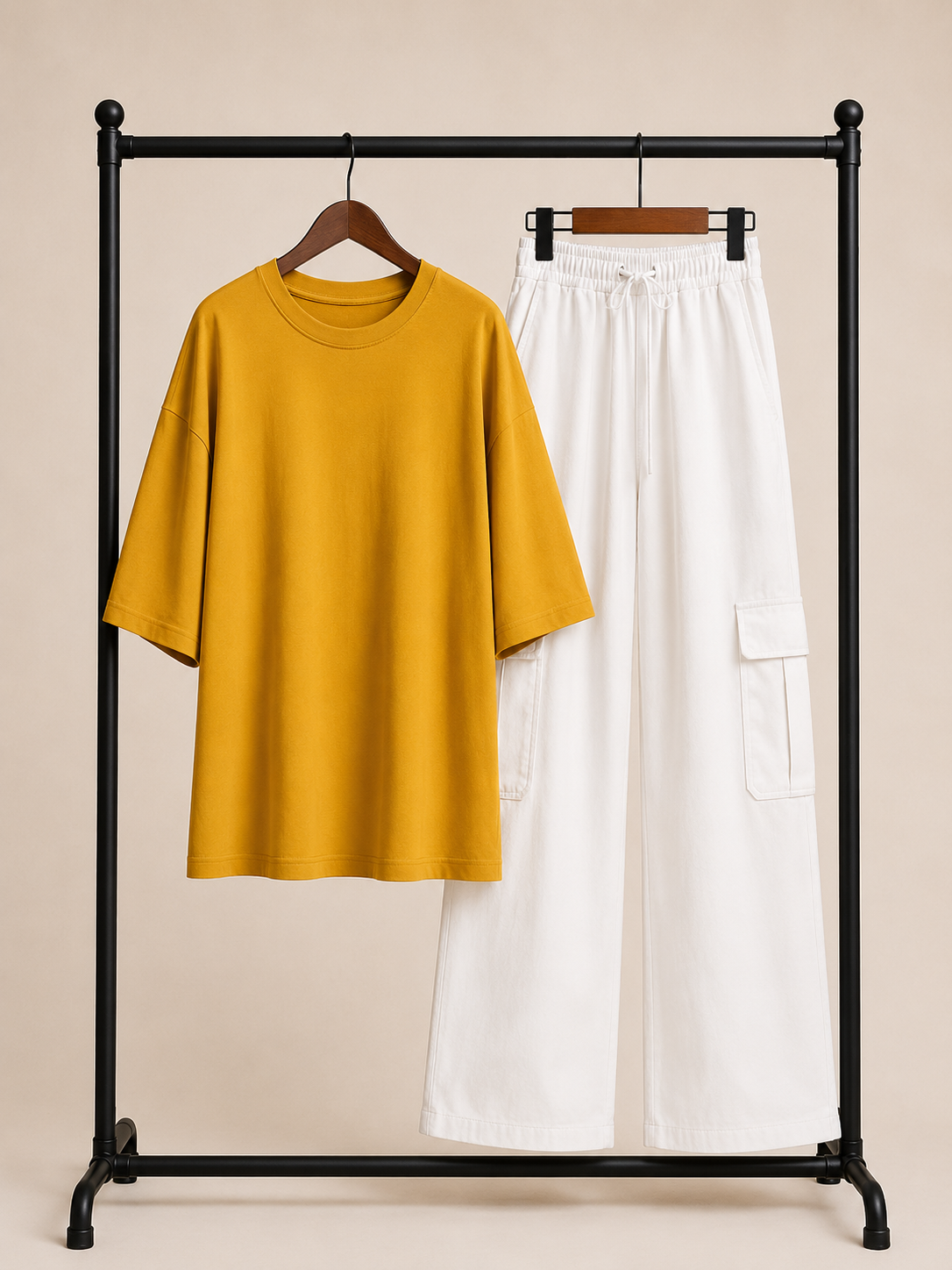 DUO PACK ( MUSTARD BAGGY TEE  WITH WHITE CARGO WIDE LEG JEANS )