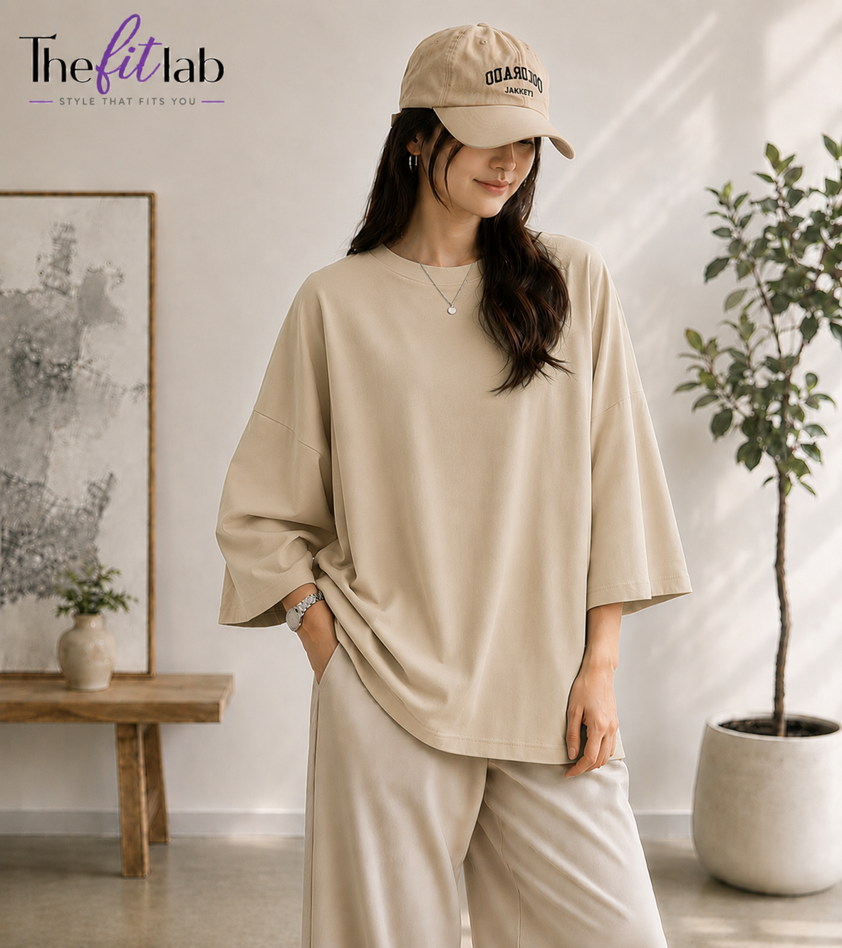BEIGE BAGGY DROP SHOULDER TEE